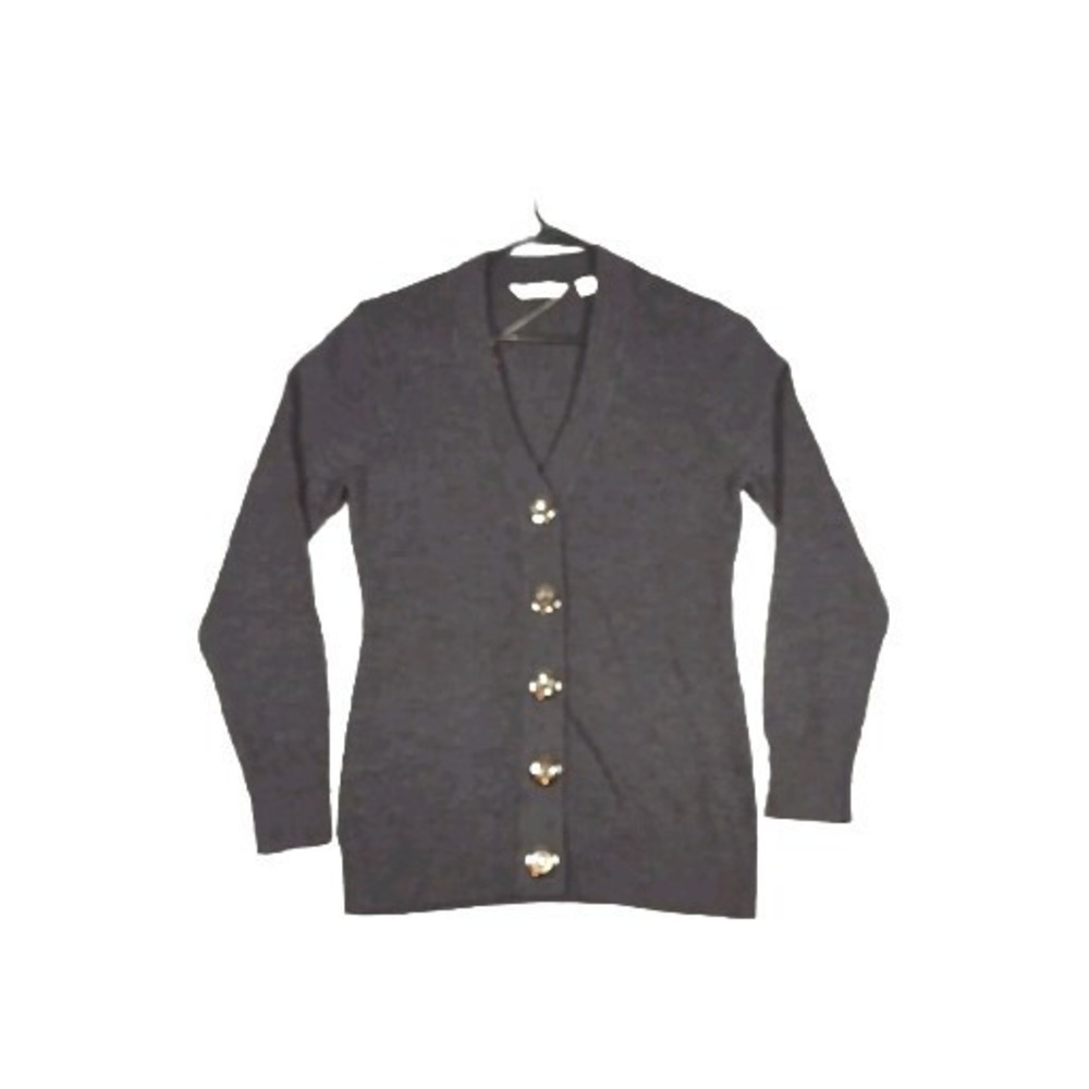 Lady Hathaway Gray Big Button 100% Merino Wool V-Neck Cardigan Sweater S/P NWT